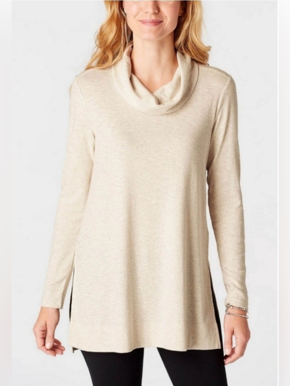J. Jill Pima Cotton Side Slit Cowl Neck Tunic Oatmeal Sz L Minimalist Boho Fall